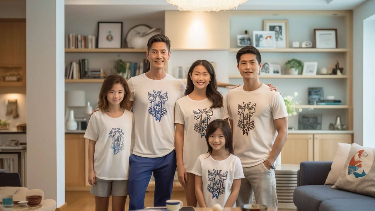Family with crest-themed shirts
