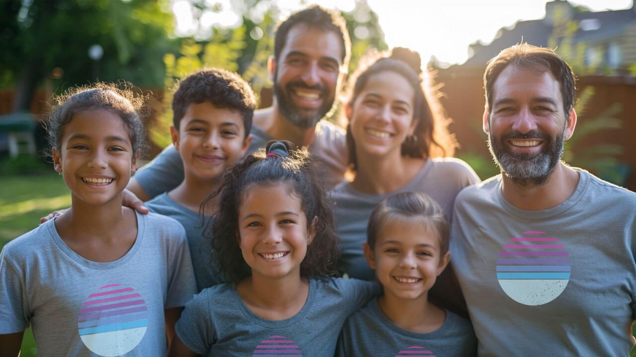 Family in matching colored shirts
