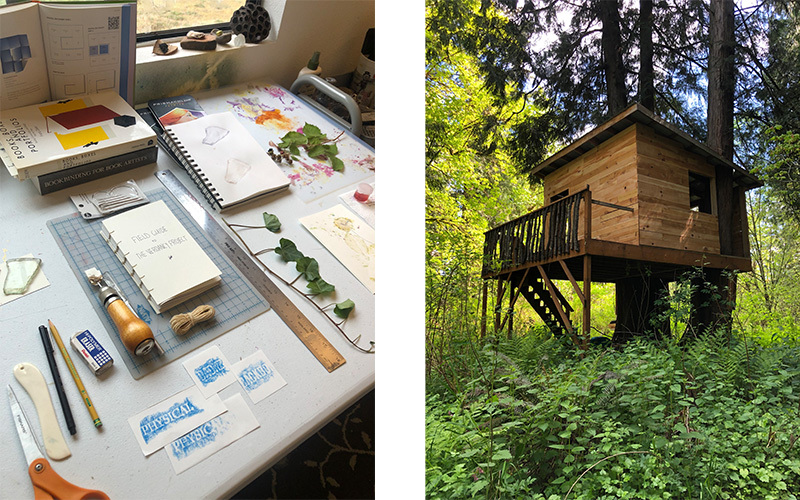 Left: A studio desk with papers and flowers, Right: A treehouse studio in the woods
