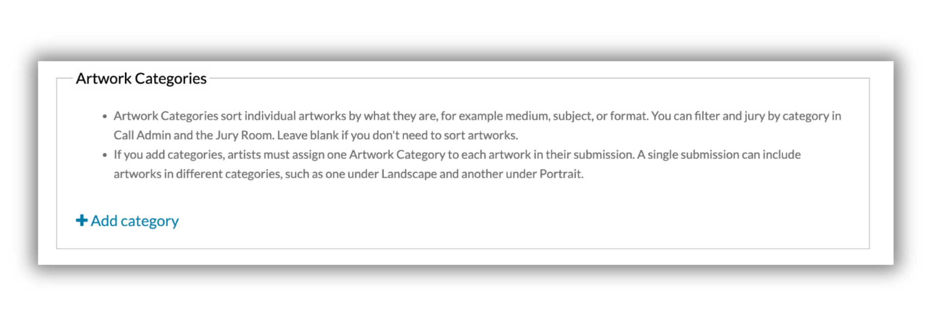 Screenshot of the Artwork Categories section on the Call for Entry form, with helper text and an Add category link.