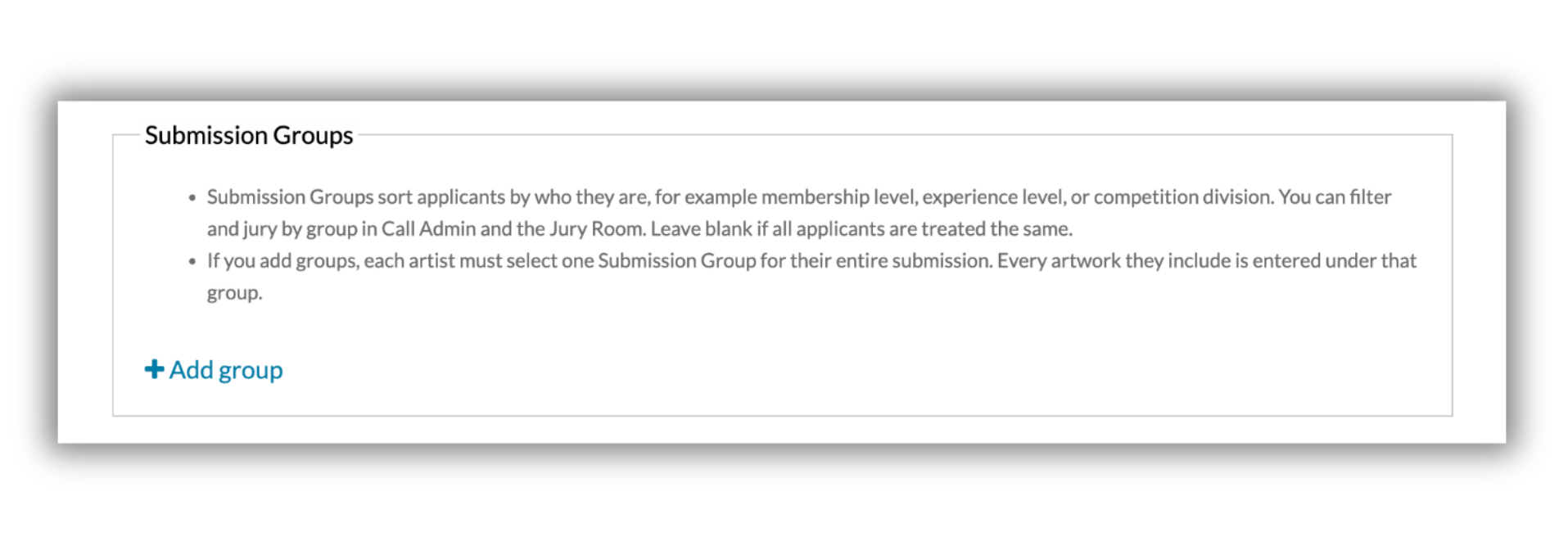 Screenshot of the Submission Groups section on the Call for Entry form, with helper text and an Add group link.