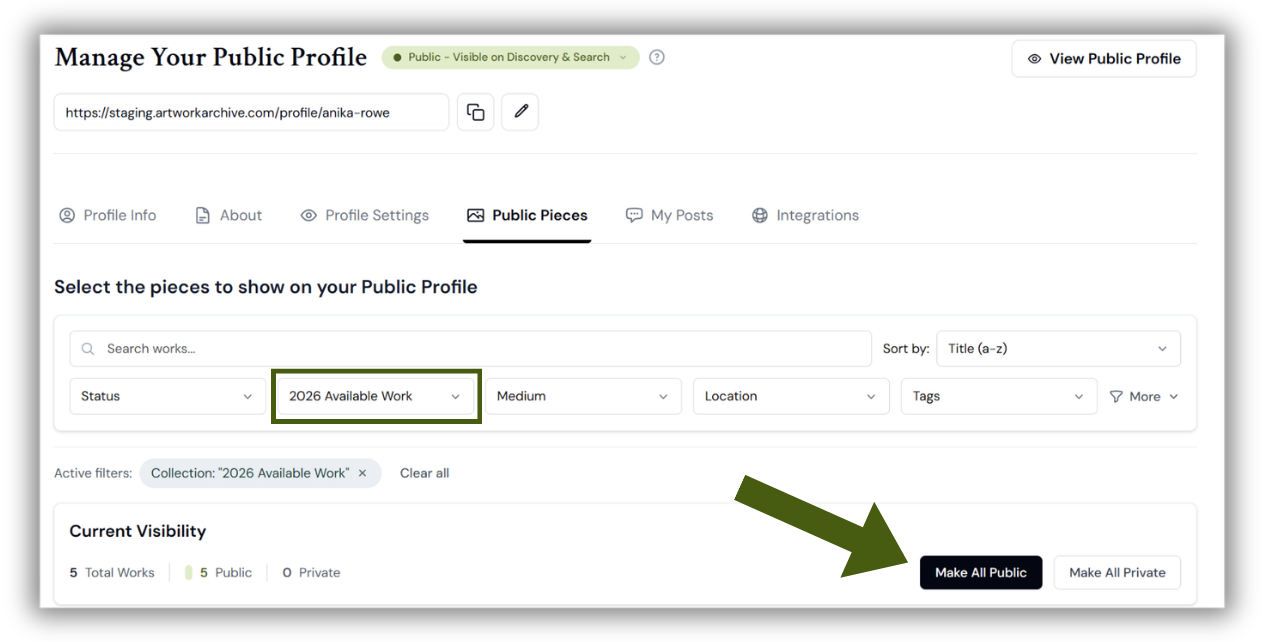 Manage Your Public Profile page in Artwork Archive with the copy icon highlighted next to the Public Profile URL field.