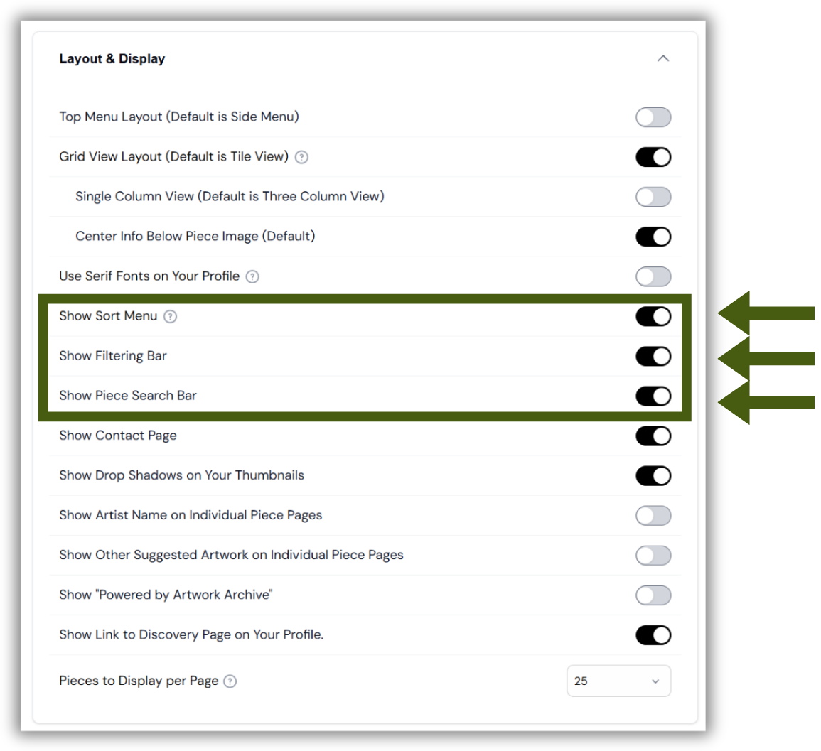Layout &amp; Display panel in Profile Settings with Show Sort Menu, Show Filtering Bar, and Show Piece Search Bar toggled on.
