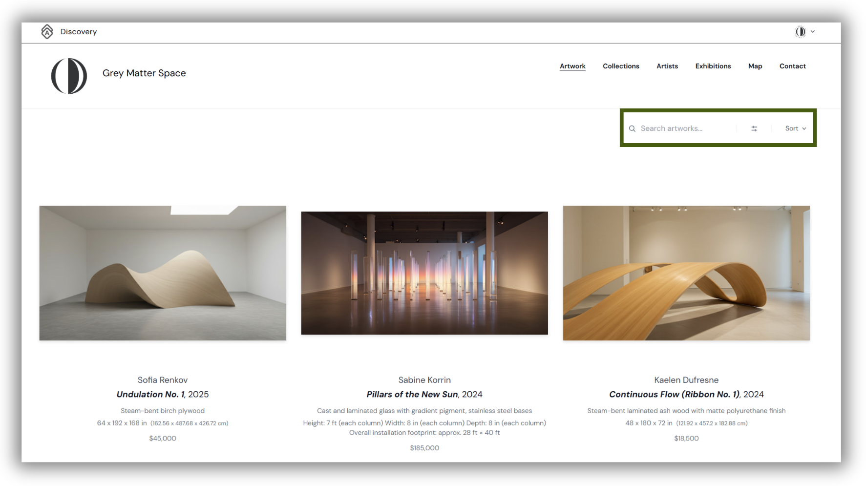 Artwork page on an Organization Public Profile with the Sort Menu and Filtering Bar available to visitors.