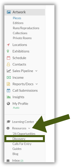 Artwork Archive left-side navigation with the Resources section expanded and the Discovery option highlighted.