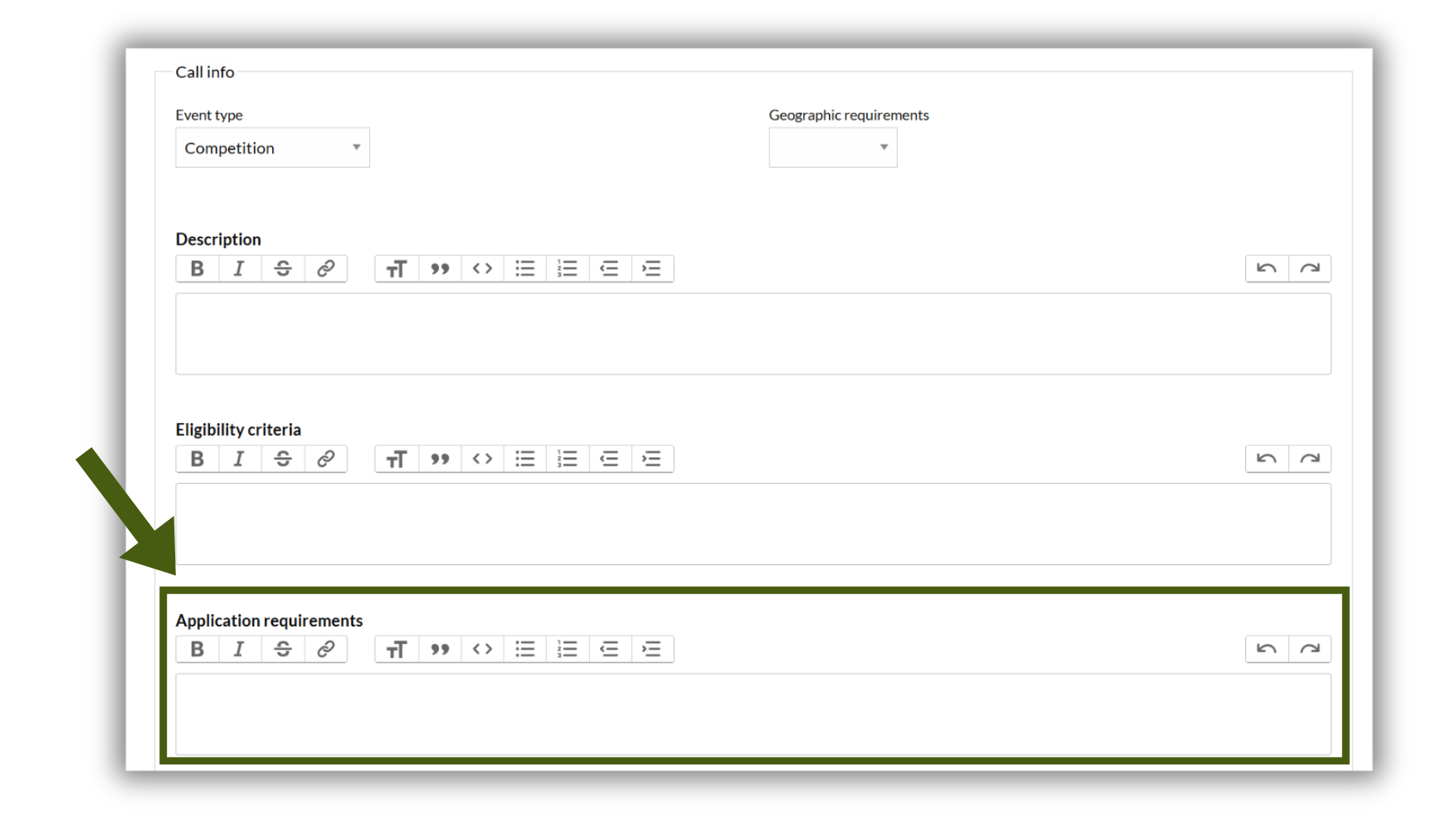 Screenshot of the Call info section on the Call for Entry form, with an arrow and green outline highlighting the Application requirements field.