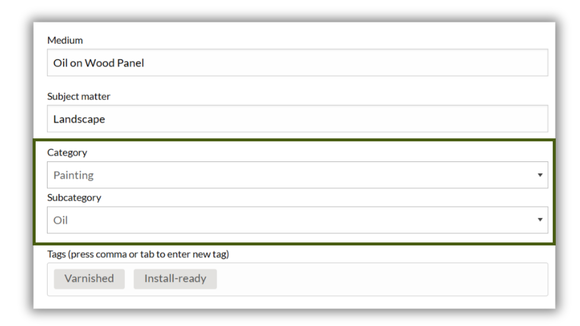 Screenshot of an art submission form with fields labeled Medium, Subject matter, Category (Painting), Subcategory (Oil), and Tags showing “Varnished” and “Install-ready”.