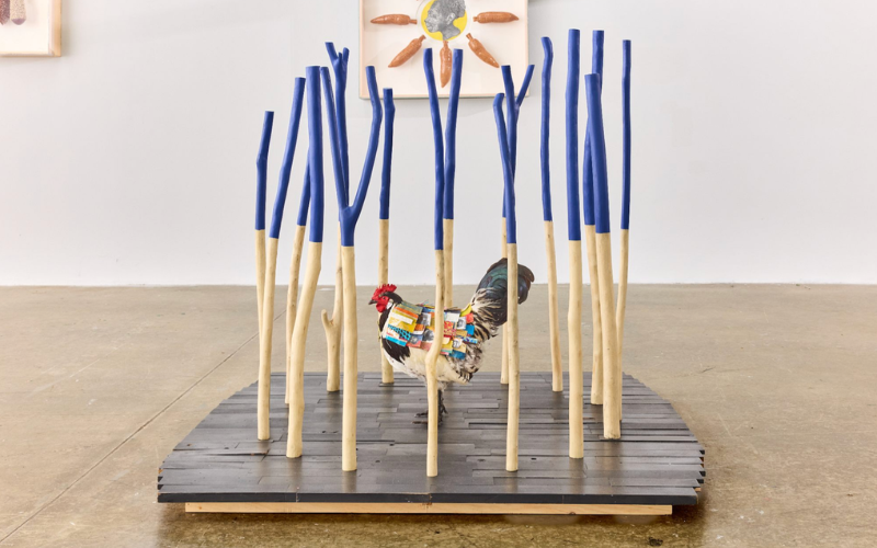 Created in response to the carceral system that disproportionately ensnares Black men and women, this work references the qualities of survival and adaptation associated with the chicken in African culture as a way to inspire resiliency in the face of unjust circumstances. In this context, to strut is not merely a performative act of heightened self-regard, it is a cultivated state of being–a sign of the implacable nature of the human spirit.