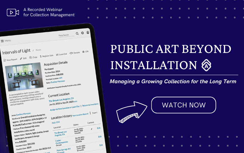 "Public Art Beyond Installation Webinar" with a Watch Now button located next to a screenshot of an artwork record from Artwork Archive