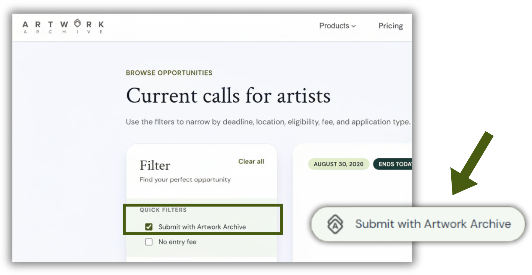 A published Call for Entry on the Current calls for artists page, with the Submit with Artwork Archive label highlighted.