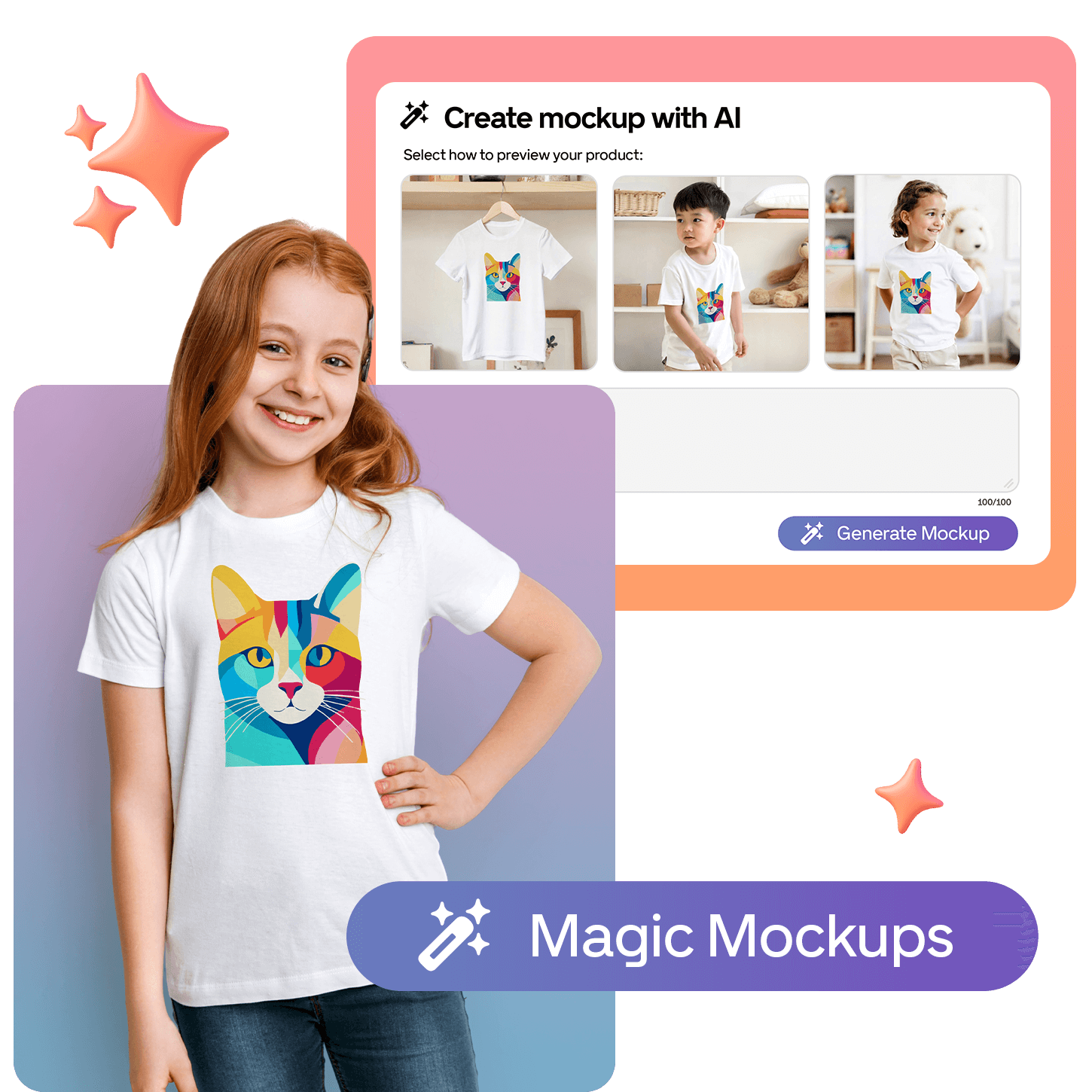 Smiling girl wearing a colorful cat T-shirt, next to a screen showing T-shirt mockups with a "Generate Mockup" button.
