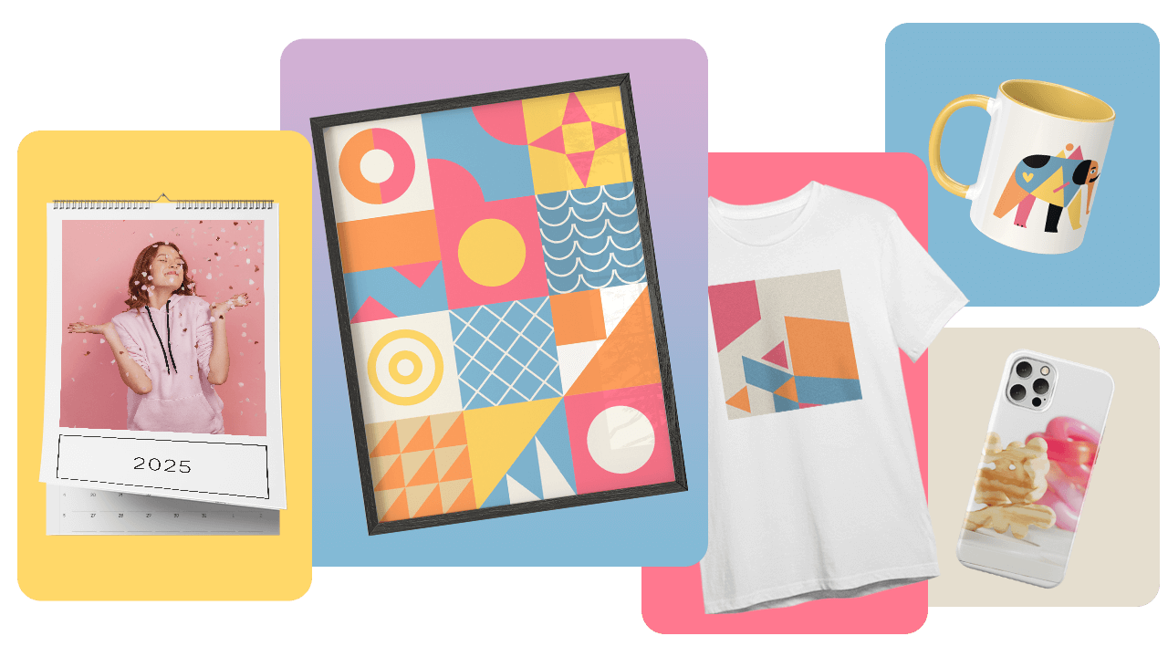 Colorful collage featuring a calendar, abstract art print, mug, T-shirt, and phone case with geometric and playful designs.